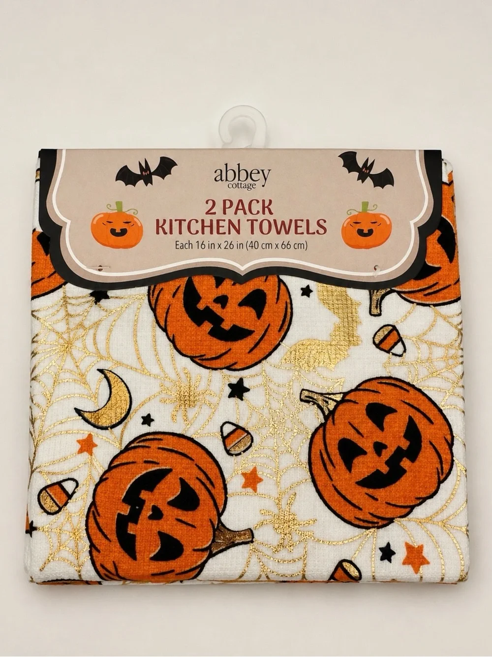 🎃 Abbey Cottage 2-Pack Halloween Kitchen Towels | Jack-O’-Lantern | Gold Foil